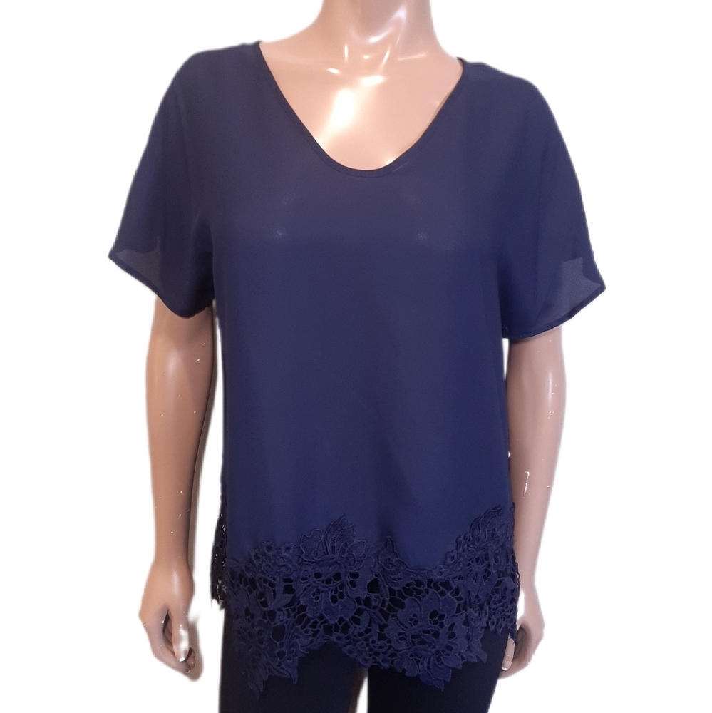 NEW Zac & Rachel Sheer Crochet Hem Blouse Dolman Sleeve Navy Blue Top Medium